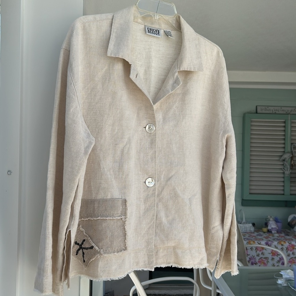 CHICO’S DESIGN Button-Up Jacket with Patch Detail Size 2 No Iron 💯 LINEN
